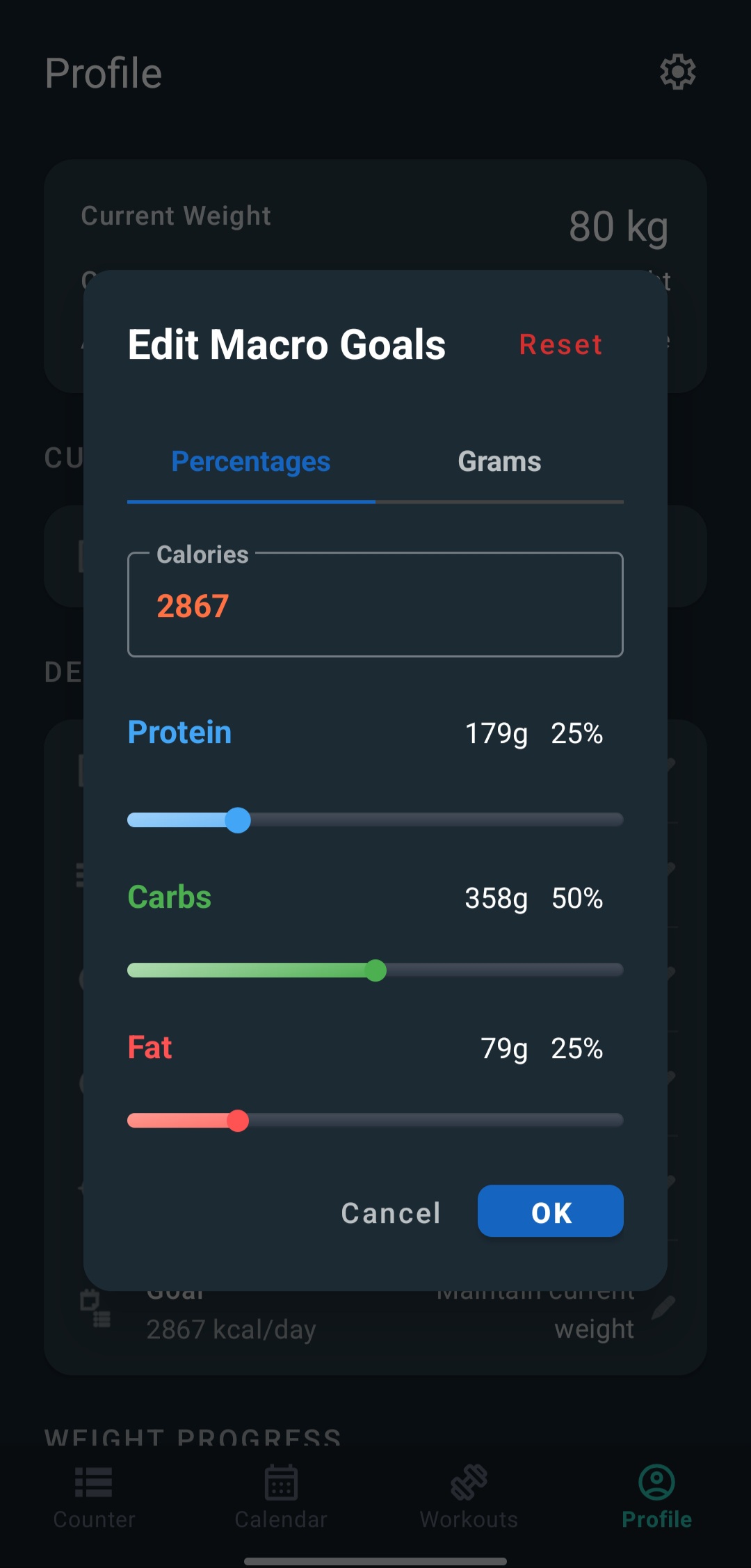Custom macro goals editor