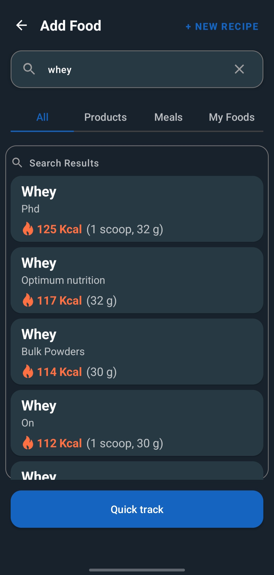 Food search and barcode scan screen
