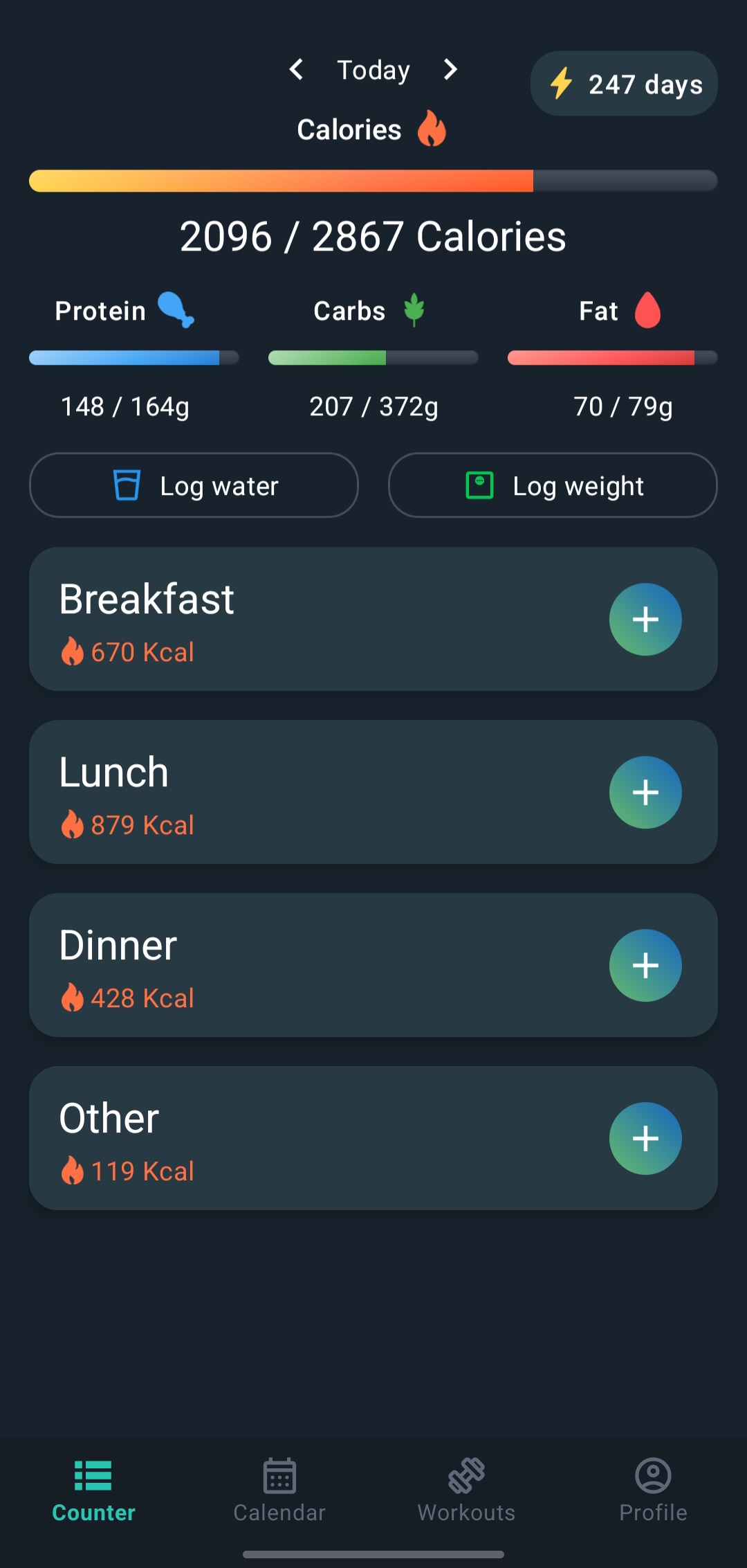 Dashboard showing calories and macro progress